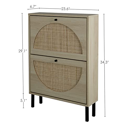 ZeHuoGe Natural Rattan Shoe Cabinet with 2 Flip Drawers, Entrance Hallway Free Standing Shoe Racks with Metal Legs for Heels, Slippers (Natural) ZeHuoGe