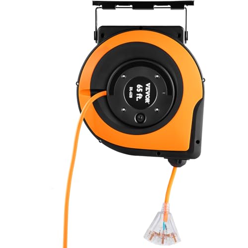 VEVOR Retractable Extension Cord Reel, 65 FT Heavy Duty 12AWG/3C SJTOW Power Cord, with Lighted Triple Tap Outlet, 15 Amp Circuit Breaker, 180° Swivel Bracket for Ceiling or Wall Mount VEVOR