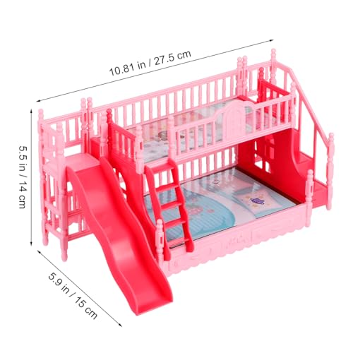 NOLITOY Miniature Bunk Bed with Slide for 6 Inch Dolls - Pink Double Deck Plastic Dollhouse Furniture Playset with Ladder & Bedding Accessories - Fits Small Dolls Figures NOLITOY