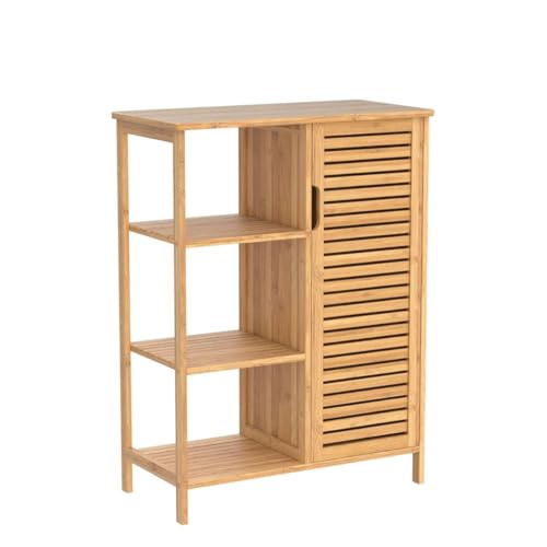 Giantex Bathroom Storage Cabinet Bamboo Floor Cabinet Free Standing Organizer, with 3-Tier Open Shelf & Multipurpose Closed Compartments for Kitchen, Living Room Giantex