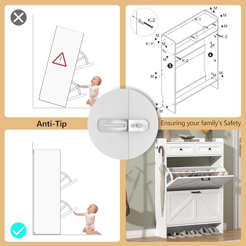 Thacuok Shoe Cabinet with 2 Flip Drawers & 2 Storage Drawers, Rustic Farmhouse Narrow Shoe Organizer Cabinet, Slim Shoe Rack Cabinet, Shoe Storage Cabinet for Entryway, Hallway, Front Door Thacuok