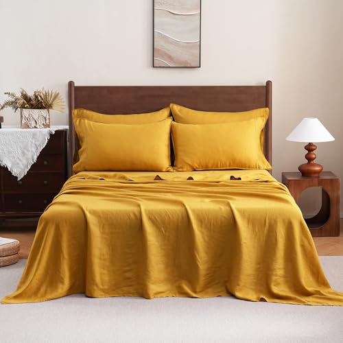S VICTORY SYMBOL 100% Organic French Linen Bed Sheet Set,Natural Pure Flax with Stone Washed Bedding Set Full Size,Ultra Soft Luxurious 4 Pieces Sheets Set(Yellow,Full) S VICTORY SYMBOL