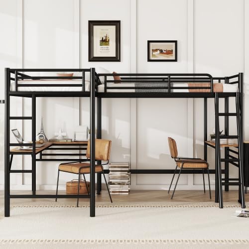 Harper & Bright Designs Twin Size Metal Loft Bed with Two Built-in Desks, L-Shaped Loft Bed with Two Ladders for Kids Teens, Black Harper & Bright Designs