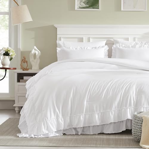 Cupocupa White Queen Comforter Set, 3Pcs Ruffle Comforters Queen/Full Size Farmhouse Bedding Sets with Comforter, Lightweight Fluffy Soft Shabby Chic Bedding Comforter Sets Cupocupa