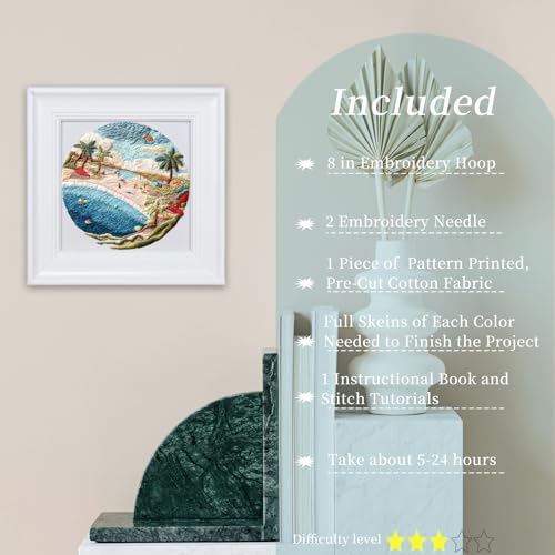 FONNUY Beach Ocean Embroidery Kit, Cross Stitch Kits for Beginners, Handmade Crafts with Printed Patterns for Beginner Adults, Easy to Follow Color Thread Needlework, 8'' Hoop (Holiday)