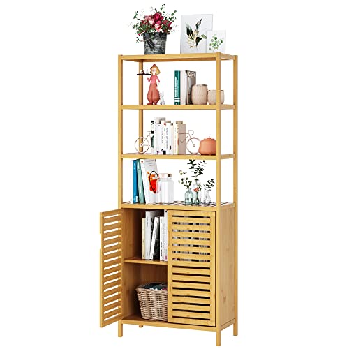 HIFIT Bamboo Tall Storage Cabinet with 2 Doors and 3 Tiers for Bathroom and Home Organisation HIFIT