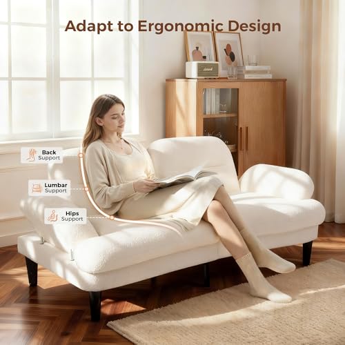 79” Futon Sofa Bed, Sleeper Sofa, Convertible Sofa Bed with Adjustable Backrest and Armrests, Faux Sherpa Cloud Loveseat, Convertible Recliner Sleeper Sofa for Living Room, Bedroom, Apartment, Beige Jocoevol