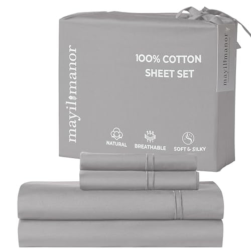Mayil Manor 100% Natural Cotton Bed Sheets | 500 TC Single-Ply Sateen Weave Cal King Sheet Set | Breathable & Hypoallergenic Solid 4-Piece Bedding with Deep Pocket Fitted, Flat, Pillowcase | Grey Mayil Manor