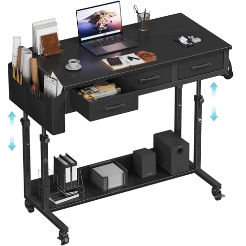 Rolling Standing Desk Adjustable Height with Drawers, 40 Inch Mobile Stand Up Portable Teacher Desks on Wheels for Classroom, Couch Sofa Side Laptop Table with Storage for Bedroom Home Office, Black WINAZ