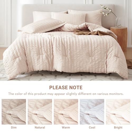 MUXHOMO 7 Pieces Full Comforter Set, Seersucker Bed in a Bag Full Size, All Season Luxury Bedding Set with Comforter, Flat Sheet, Fitted Sheet, Pillowcases & Shams, Beige MUXHOMO