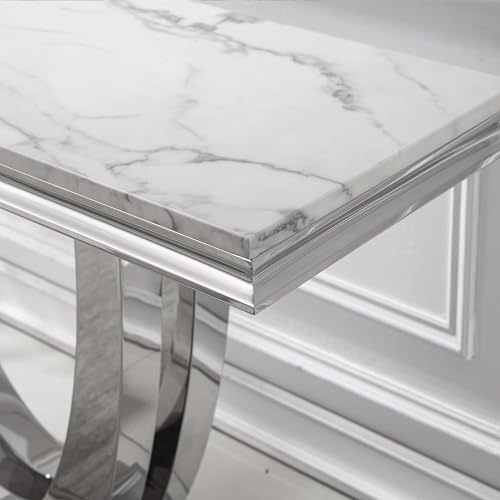 Goderfuu 47" White Marble Console Table, Rectangular Faux Marble Sofa Table, Luxury Entryway Table Long Narrow Hallway Table, Modern Console Table for Living Room with Silver Stainless Steel U-Base Goderfuu
