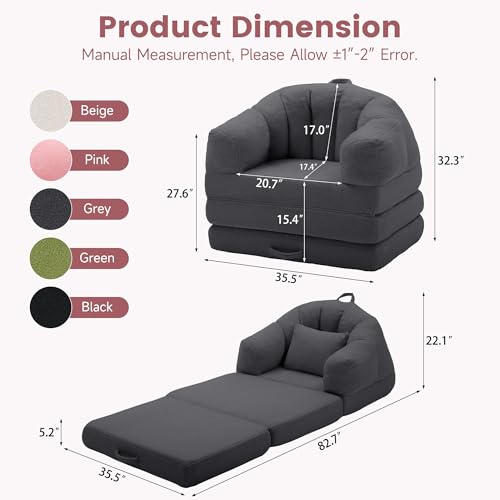 Korser Folding Sofa Bed, Convertible Sleeper Chair with Armrest, Floor Futon Couch with Pillow, Sleeper Single Chair for Adults, Couches for Living Room, Small Couches for Small Spaces,Grey Korser