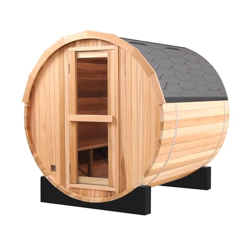 TaTalife Outdoor Barrel Steam Sauna, 3-4 Person Canadian Red ceda Wood Sauna Room, 4.5KW TOULE Electric Heater with Sauna Stone, Accessories and Asphalt Shingle Roof TaTalife