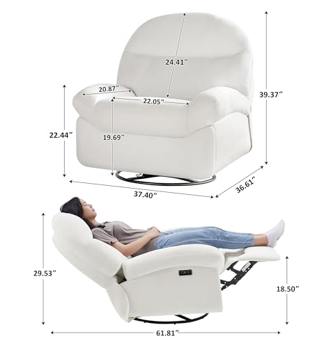VANOMi Power Recliner Chair with USB & Type-C Charging, 270° Swivel Glider Rocker, Electric Nursery Recliner for Living Room, Bedroom, and Office, White