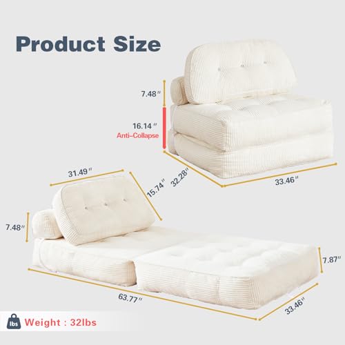 NESLAKO Folding Sofa Bed, Flannel Futon Couch Bed with Pillow and Blanket, Convertible Sleeper Chair for Living Room Bedroom, White NESLAKO