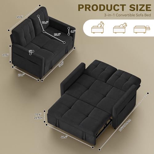 YITAHOME 3-in-1 Convertible Sofa Bed, Modern Loveseat Sleeper with Pull-Out Chaise, USB Charging Ports, Side Pockets, Compact Sofa for Living Room, Bedroom, Apartment, Black YITAHOME