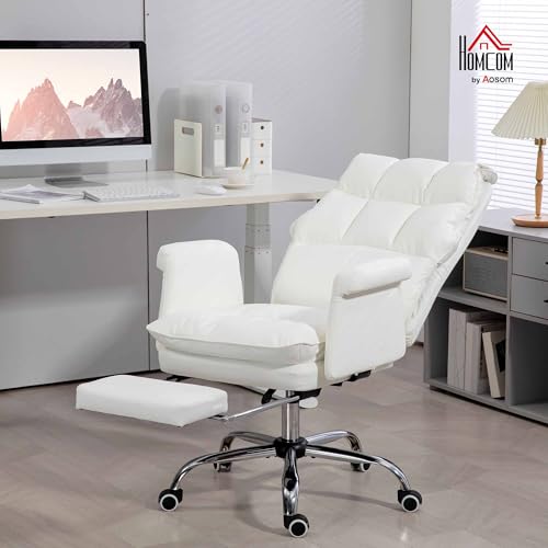 HOMCOM Executive Office Chair, PU Leather Ergonomic Office Desk Chair with Footrest, Reclining and Swivel Chair, White HOMCOM