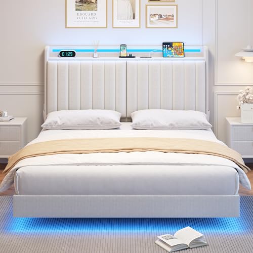 Jocoevol Queen Size Floating Bed Frame with Ergonomic Hidden Storage Headboard and LED Lights, Visual Floating LED Bed Frame with Charing Station, Velvet Upholstered Platform Bed, Heavy Duty, White Jocoevol