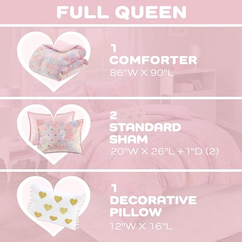 Intelligent Design Queen Comforter Set, 4 Piece Metallic Hearts Bedroom Set for Girls, Queen Bed Set Soft Plush Comforter, Rosalie All Season Fluffy Bedding Set, Full/Queen, Pink Multi/Gold 4 Piece Intelligent Design