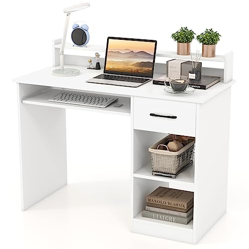 IFANNY Computer Desk with Drawers, Study Table with Storage Shelves, Keyboard Tray, Power Outlet, Wood Makeup Vanity Table, Small Desk for Bedroom, Study, Living Room, Home Office (White, 35.5''H) IFANNY