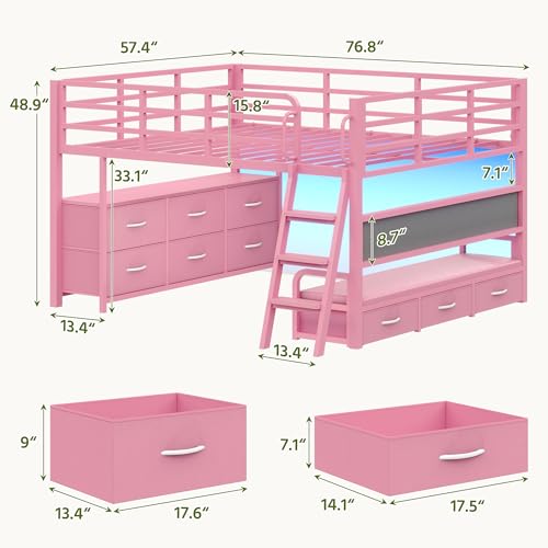 Dnxao Low Loft Bed Full Size with Desk,Full Bed Frame with 9 Storage Drawers, Kids Loft Bed with 15.8" H Safety Guardrail,Sofa,LED Lights & Charging Station,Spave Saving,Pink Dnxao