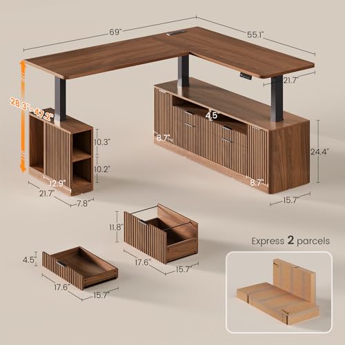 SEDETA L Shaped Electric Standing Desk, 69" x 55"Height Adjustable Office Executive Desk with 4 Drawers and Storage Shelves, Fluted Sit Stand Computer Desk with Power Outlet for Home Office (Brown) SEDETA