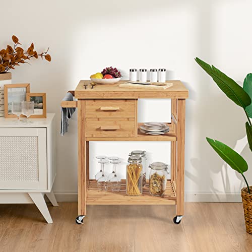 PETSITE Bamboo Kitchen Island Cart, Butcher Block Table on Wheels with Drawers, Shelves, Towel Rack PETSITE
