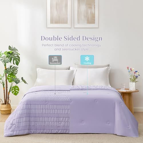 Cozy Bliss Seersucker Cooling Comforter Queen Size, Q-Max 0.45 Reversible Lightweight Cooling Blanket, Breathable Silk Smooth Summer Bedding Quilt for Hot Sleepers Night Sweats Purple Cozy Bliss
