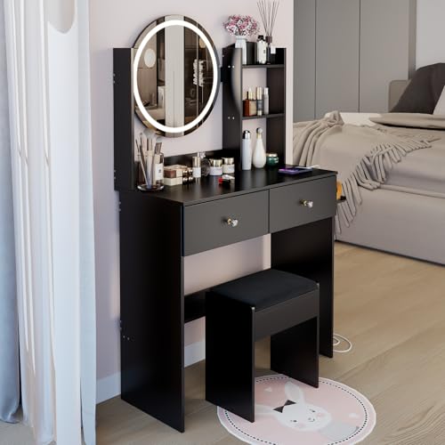 Montary 31.5" Compact Vanity Desk Set with Soft Cushion Stool, 2 AC & 2 USB Power Outlets, Hair Dryer Holder, Large Mirror, Adjustable LED Light, Drawers, Multi - Layer/Hidden Storage, Black Montary