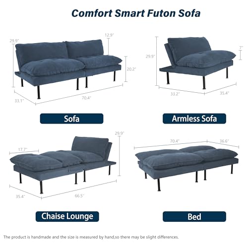 Ribilake 70" Futon Sofa Bed, 4 in 1 Multi-Function Couch Sleeper with Adjustable Backrest, Modern Convertible Futon, Recliner Small Loveseat for Living Room, Dorm, Blue Ribilake