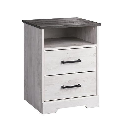 Prepac Rustic Ridge Farmhouse Nightstand with 2 Drawers and an Open Cubby, Wooden Bedside Table for Bedroom, Office, or Living Room, 16.25in x 18.75in x 24.5in, Washed White Prepac