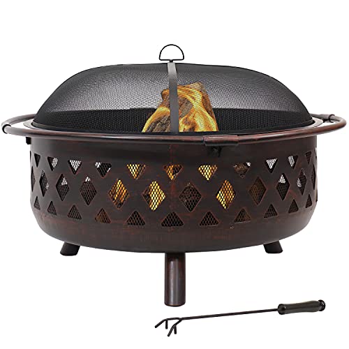 Sunnydaze 36-Inch Bronze Crossweave Wood-Burning Fire Pit - Includes Spark Screen, Fireplace Poker, and Round Cover Sunnydaze
