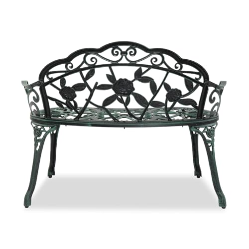 Outvita Outdoor Bench, 38" Cast Aluminum Garden Bench Anti-Rust Weather Resistant Patio Bench Rose Pattern Bench for Front Porch, Backyard, Lawn Outvita