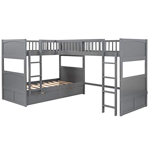 GAOWEI L-Shaped Bunk Bed with Drawers,Twin Over Twin Triple Bunk Beds and Loft Bed for 3 with Ladder & Guardrail & Headboard & Footboard Kids/Solid Wood Triple Bunk Bed for Kids (Gray) GAOWEI