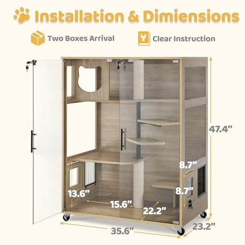 Lovupet Wooden Cat House with Scratching Posts, Luxury Large Cat Condo with Lockable Wheels, Indoor Kitten Cage with Escape Door, GC11 Lovupet