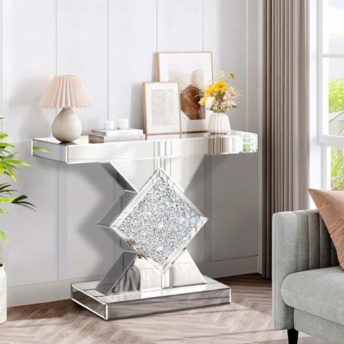 GA Home Silver Mirrored Console Table with Crushed Diamond lnlay, 32" Long Entryway Sofa Table, Shiny Narrow Table for Living Room, Hallway Foyer, Entrance GA Home
