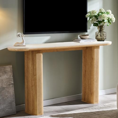 OKD 63 Inch Modern Console Table with Arc Faux Marble Texture Top, Fluted Wood Base, Contemporary Entryway Sofa Table for Living Room, Hallway, Foyer, Natural Oak OKD