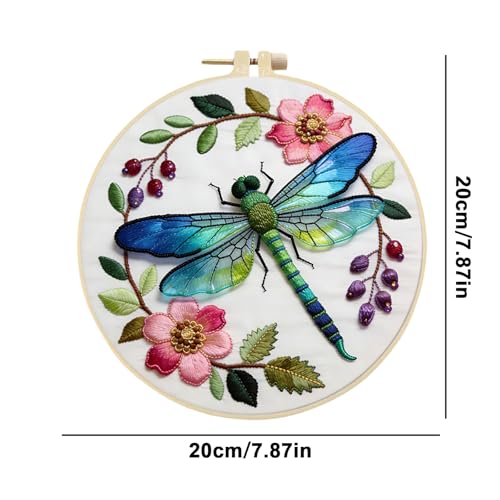 Dragonfly Floral Embroidery Kit for Adults - 11.81x11.81in Pre-Stamped Pattern Cross Stitch Kit with 7.87 Inch Bamboo Hoop, Floss, Needles - DIY Craft Kit for Home Decoration & Gift Giving