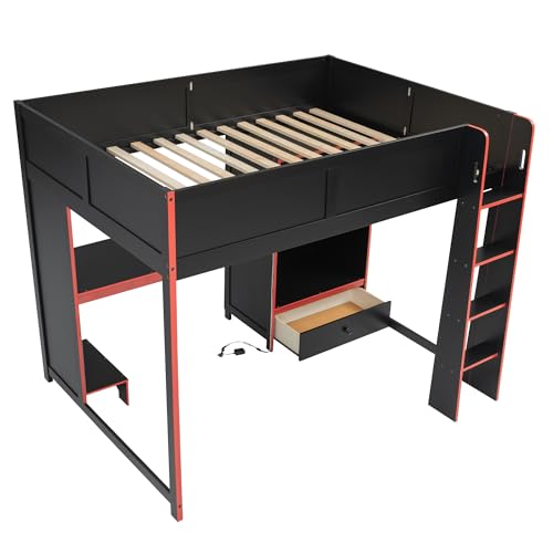 LZ LEISURE ZONE Gaming Bed, Wood Full Size Gaming Loft Bed with Built-in Desk, Wardrobe, LED and a Drawer, Black LZ LEISURE ZONE