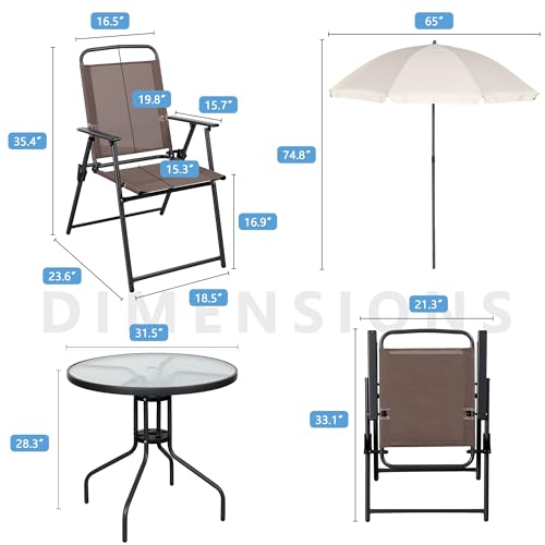 Shintenchi 6 Piece Patio Dining Set with Umbrella, Outdoor Furniture Set with 4 Folding Chairs and Tempered Glass Top Dining Table fot Lawn Backyard Garden Porch Brown and Beige Shintenchi
