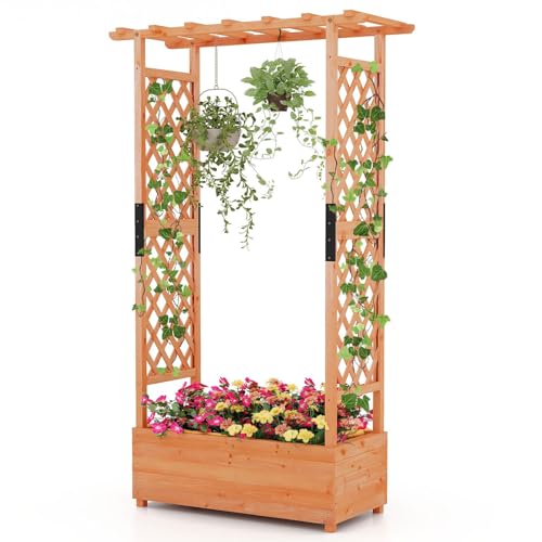 LDAILY Moccha Raised Garden Bed with Trellis, Wood Garden Planter with Hanging Roof, Drainage Holes, Freestanding Elevated Planter Box for Climbing Plants, Vines, Flowers, 43.5" x 17.5" x 72" LDAILY