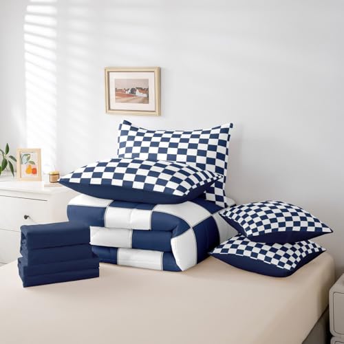 Erosebridal White Blue Plaid Full Comforter Set with Sheets 7 Piece Navy Blue Checkerboard Bedding Set for Kids Boys Teen,Checkered Grid Bed in A Bag Modern Aesthetic Geometric Bed Set Erosebridal