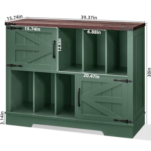 Joaxswe Large Record Player Stand with Vinyl Storage Up to 450 Albums, 39 Inch Farmhouse Wood Green Vinyl Records Storage Cabinet with Barn Doors, Mid-Century Accent Turntable Stand for Living Room Joaxswe