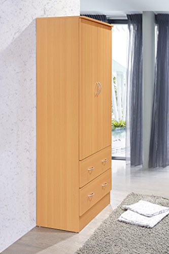 HODEDAH 2 Door Wood Wardrobe Bedroom Closet with Clothing Rod inside Cabinet and 2 Drawers for Storage, Beech Hodedah