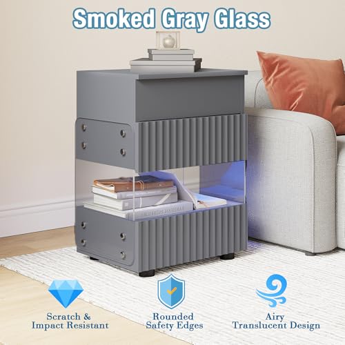 STHOUYN Bedroom LED Nightstand with Gun Drawers, Grey Modern Night Stand with USB & Type-C Charging Station, Smart Nightstand Noght Stand, Bedside Table Gun Safe Side End Tables Office (1, Grey) STHOUYN