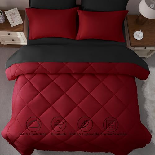ELNIDO QUEEN® Queen Comforter Set 7 Pieces, Red and Black Bed in a Bag Queen Size, Bed Set All Seasons Bedding Sets with Reversible Comforter, Flat Sheet, Fitted Sheet, Pillowcases and Pillow Shams ELNIDO QUEEN