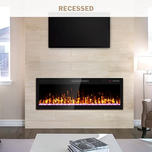 Ludatido 50 Inch Electric Fireplace Wall Mounted and Recessed with Remote Control, Color Adjustable/Realistic Flame W/Timer 1500/750W 400 sq.ft Heating Output Fireplace Heater Ludatido