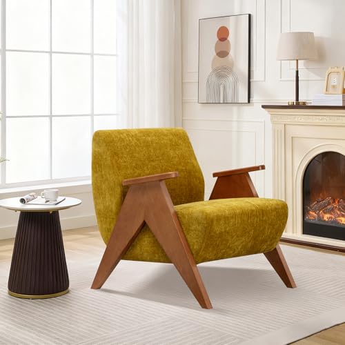 Home Accent Chair Mid Century Modern Accent Chair with Wood Frame, Lounge Upholstered Armchair, Reading Chair, Sturdy Base,For Living Room, Bedroom,Office,Comfy Guest Waiting Room Chairs,Yellow TXIWVER