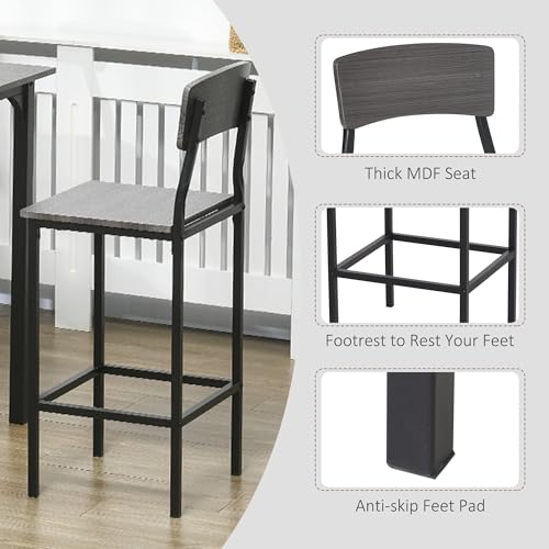 HOMCOM 5-Piece Counter Height Bar Table with Space-Saving Design, Square Kitchen Table and Chairs Set with Footrest, Metal Legs, Industrial Dining Table Set for 4, Gray HOMCOM