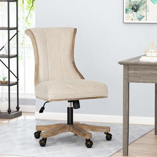 Astrivia Solid Wood Swivel Chair, Fabric Armless Office Chair, American Vintage Vanity Chair Adjustable Home Office Desk Chair for Women Farmhouse Study Studio Bedroom (Beige) Astrivia
